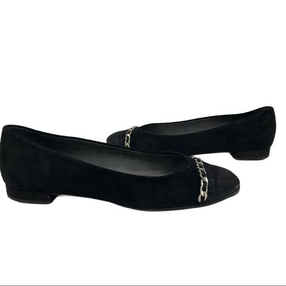 Stuart Weitzman Legacy Cap Toe Ballet Loafers Flat Black Suede Chain Accent 6 - Picture 13 of 16